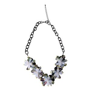 Statement Floral Necklace – Black & Crystal Beaded Flowers Metal Chain